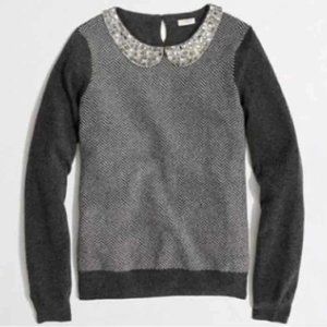 J. Crew Gray Herringbone Jeweled Peter Pan Collar Sweater Size XS
